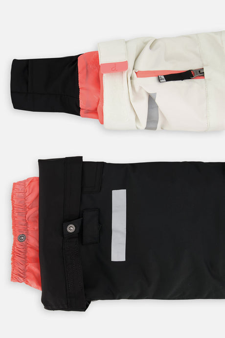Deux par Deux girls' Teknik two-piece snowsuit, off-white and pink jacket with black pants – sleeve cuff and pant hem details