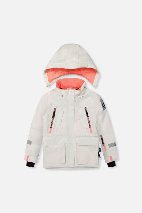 Deux par Deux girls' Teknik two-piece snowsuit, off-white and pink jacket with black pants – jacket, front view