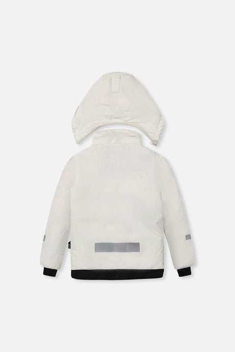 Deux par Deux girls' Teknik two-piece snowsuit, off-white and pink jacket with black pants – jacket, back view