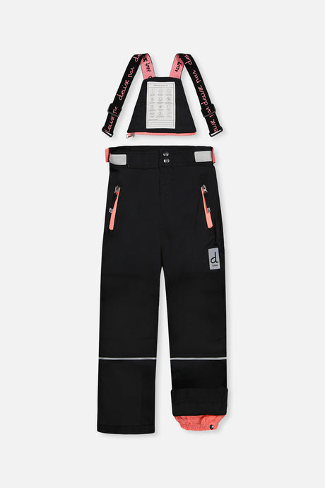 Deux par Deux girls' Teknik two-piece snowsuit, off-white and pink jacket with black pants – snow pants with suspenders, front view