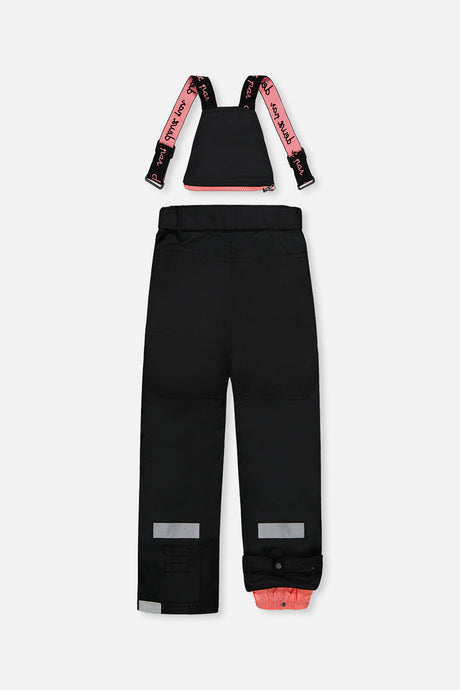 Deux par Deux girls' Teknik two-piece snowsuit, off-white and pink jacket with black pants – snow pants, back view