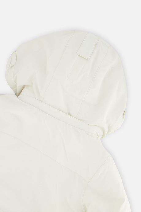 Deux par Deux girls' Teknik two-piece snowsuit, off-white and pink jacket with black pants – hood close-up