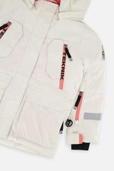 Deux par Deux girls' Teknik two-piece snowsuit, off-white and pink jacket with black pants – jacket detail close-up