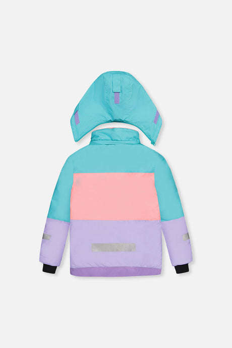 Deux par Deux girls' Teknik snowsuit, turquoise-orange-mauve color-block jacket, camo pants – jacket, back view