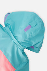 Deux par Deux girls' Teknik snowsuit, turquoise-orange-mauve color-block jacket, camo pants – hood close-up