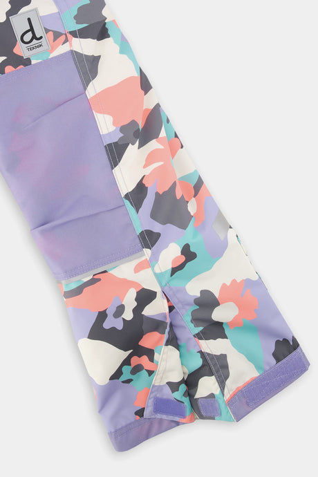 Deux par Deux girls' Teknik snowsuit, turquoise-orange-mauve color-block jacket, camo pants – snow pant leg and hem detail
