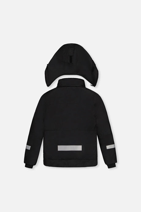 Deux par Deux girls' Teknik snowsuit, black jacket and pink-blue mountain print pants – jacket, back view