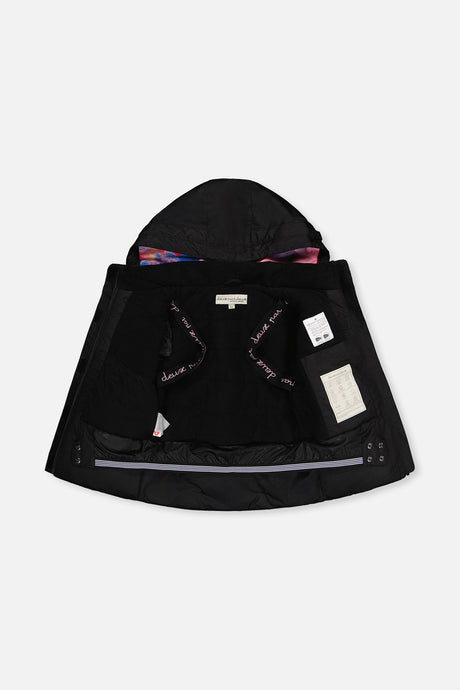 Deux par Deux girls' Teknik snowsuit, black jacket and pink-blue mountain print pants – jacket open to show the lining
