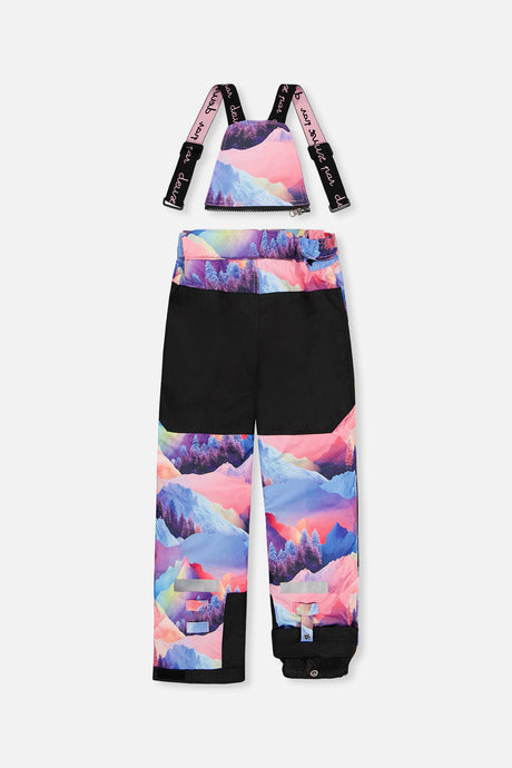 Deux par Deux girls' Teknik snowsuit, black jacket and pink-blue mountain print pants – snow pants, back view
