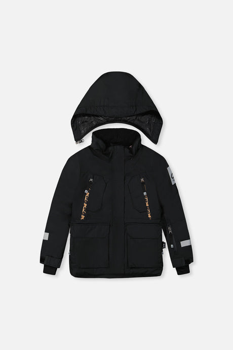 Deux par Deux girls' Teknik two-piece snowsuit, black jacket with leopard print pants – jacket, front view