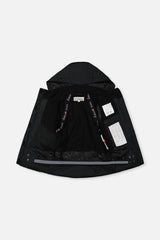 Deux par Deux girls' Teknik two-piece snowsuit, black jacket with leopard print pants – jacket open to show the lining