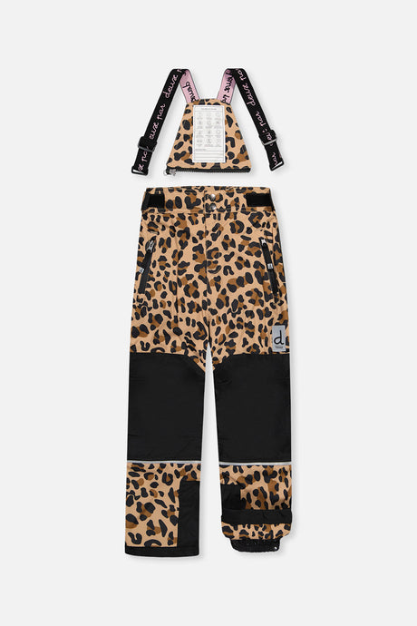 Deux par Deux girls' Teknik two-piece snowsuit, black jacket with leopard print pants – snow pants with suspenders, front view