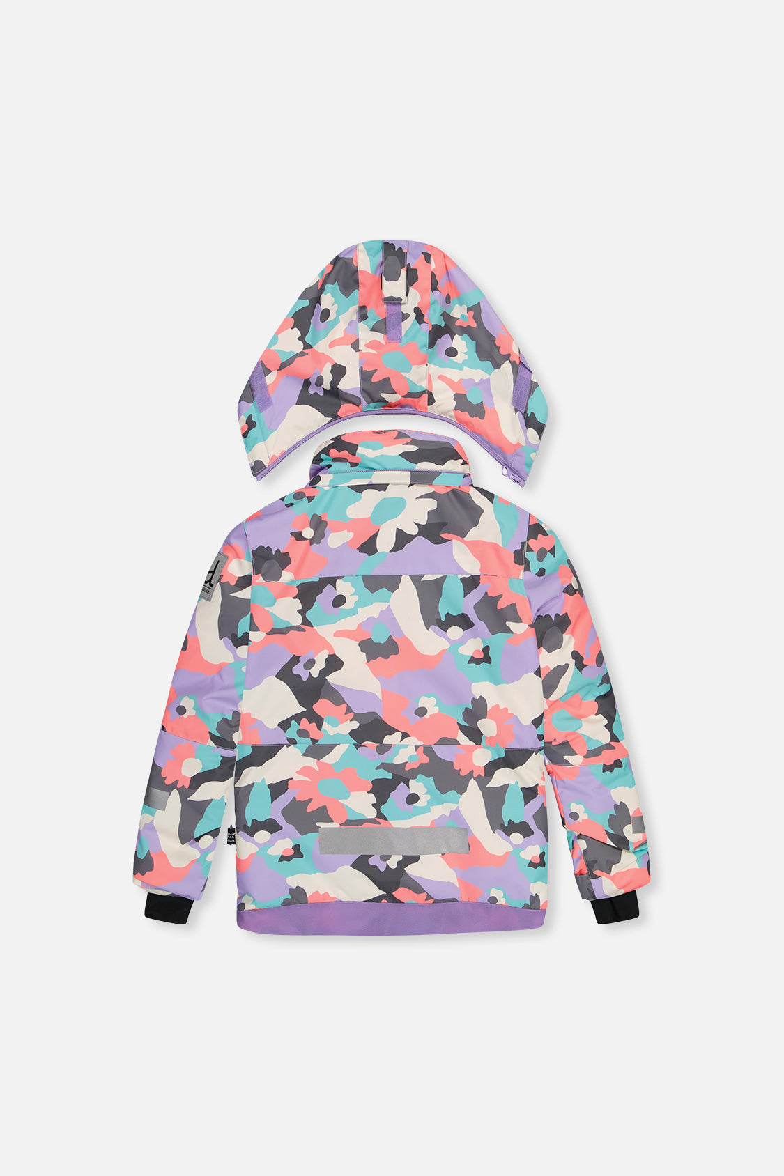 Deux par Deux girls' Teknik two-piece snowsuit in coral camouflage print with lilac panels – jacket, back view