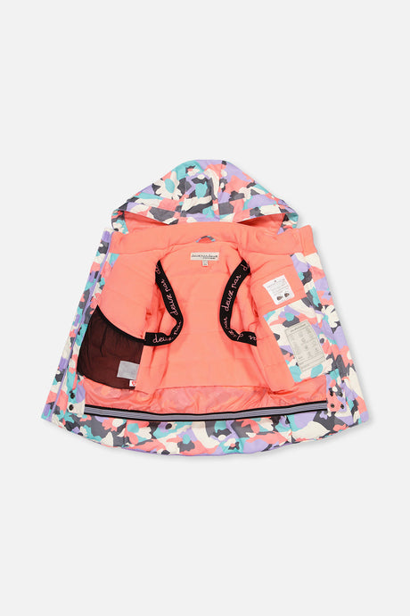 Deux par Deux girls' Teknik two-piece snowsuit in coral camouflage print with lilac panels – jacket open to show the lining
