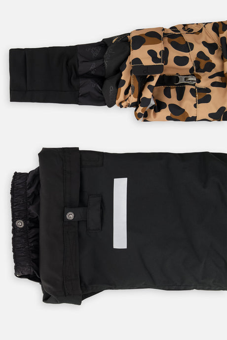 Deux par Deux girls' Teknik two-piece snowsuit, leopard print jacket with black pants – sleeve cuff and pant hem details
