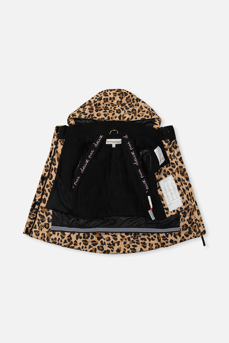 Deux par Deux girls' Teknik two-piece snowsuit, leopard print jacket with black pants – jacket open to show the lining