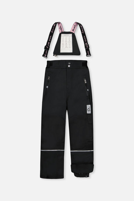 Deux par Deux girls' Teknik two-piece snowsuit, leopard print jacket with black pants – snow pants with suspenders, front view