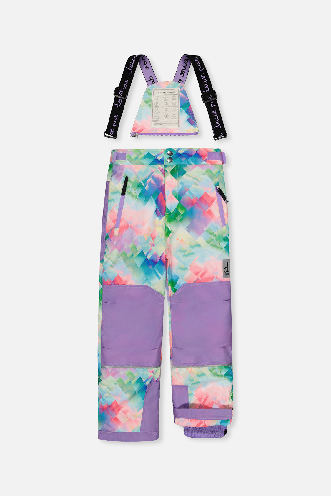 Deux par Deux girls' TEKNIK two-piece snowsuit in a multicolored diamond pattern, another studio view