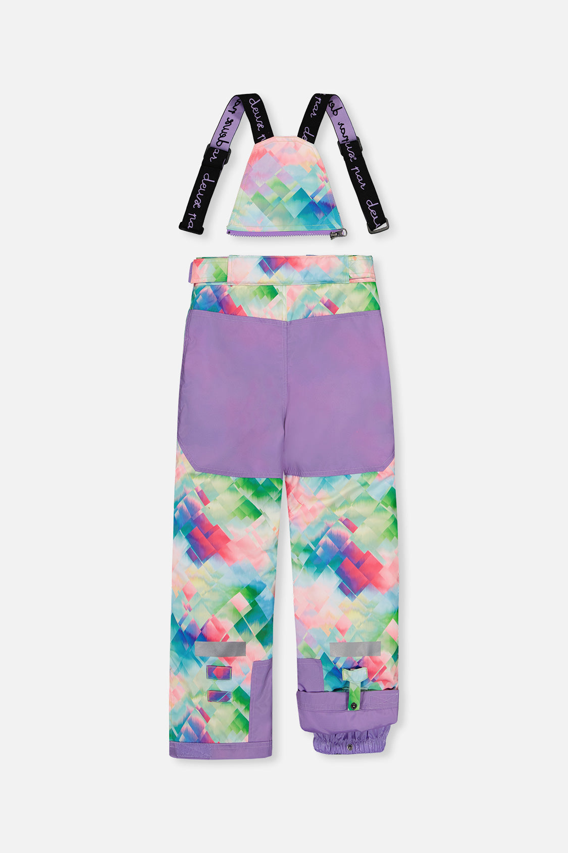 Deux par Deux girls' TEKNIK two-piece snowsuit in a multicolored diamond pattern, alternate angle