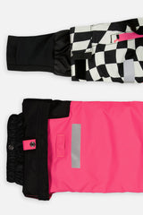 Deux par Deux girls' TEKNIK two-piece snowsuit in bright pink checkered print, another product angle