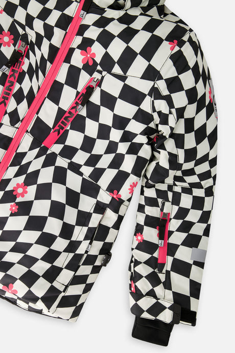 Deux par Deux girls' TEKNIK two-piece snowsuit in bright pink checkered print, additional studio angle