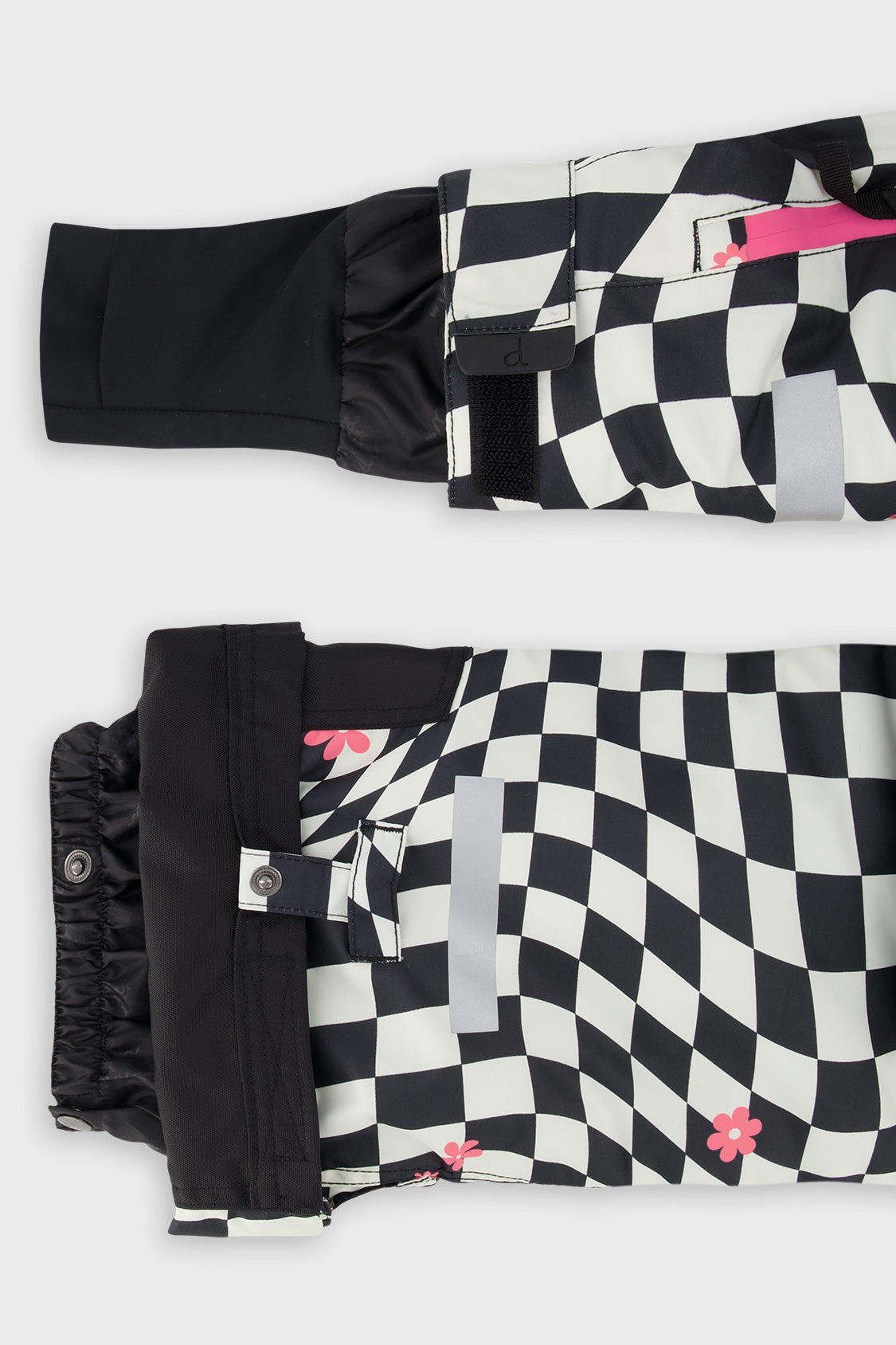 Deux par Deux girls' TEKNIK two-piece snowsuit in white and bright pink checkered print, another product angle
