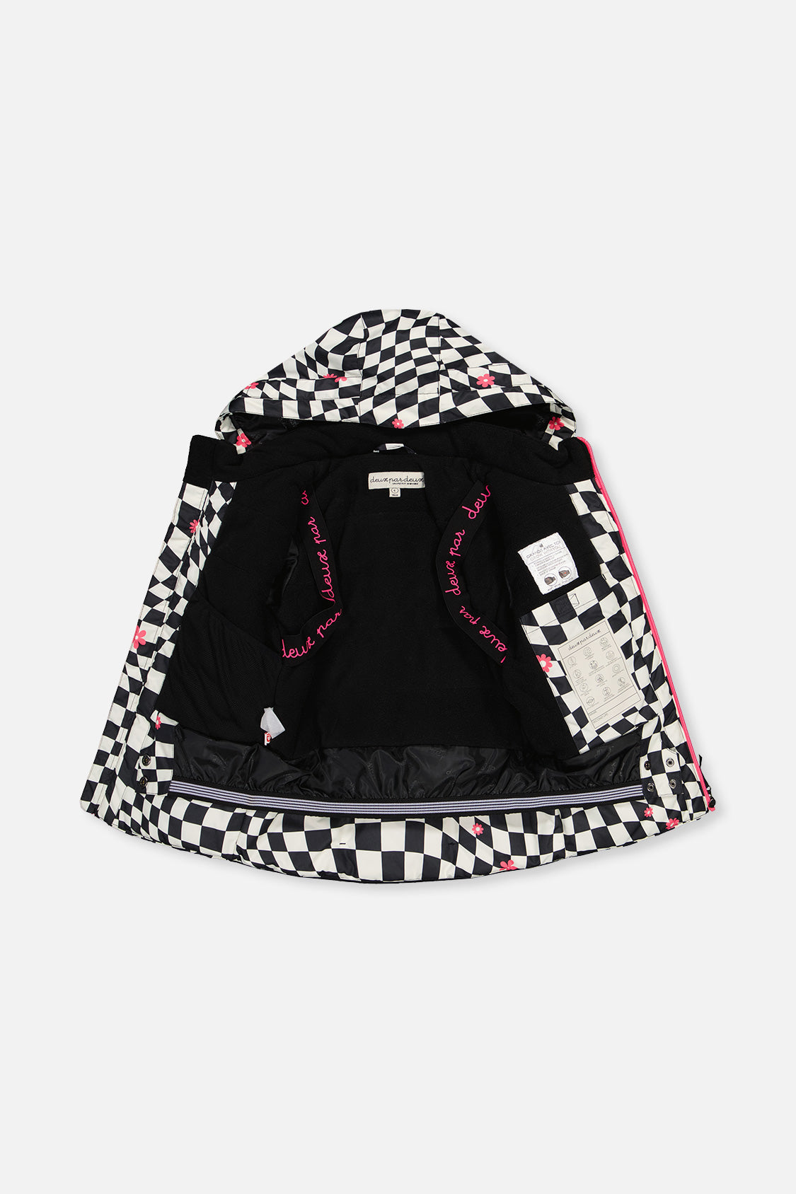 Deux par Deux girls' TEKNIK two-piece snowsuit in white and bright pink checkered print, additional angle