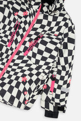 Deux par Deux girls' TEKNIK two-piece snowsuit in white and bright pink checkered print, additional studio angle