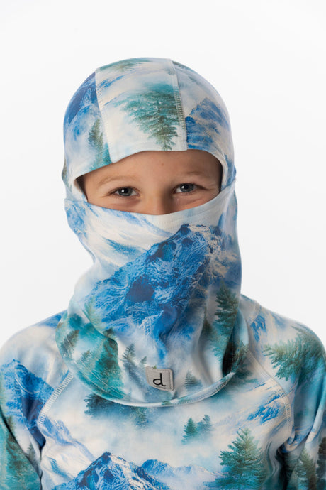 Deux par Deux boys' polar fleece balaclava in blue mountain print – worn by a model