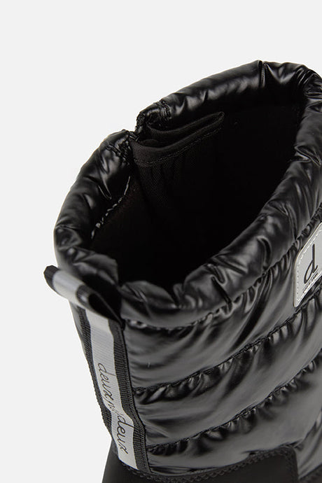 Deux par Deux girls' black quilted winter boots – close-up of the quilted shaft and drawstring