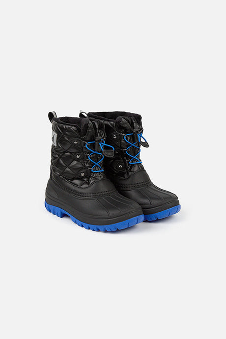 Deux par Deux boys' black quilted winter boots with blue soles – pair, front three-quarter view