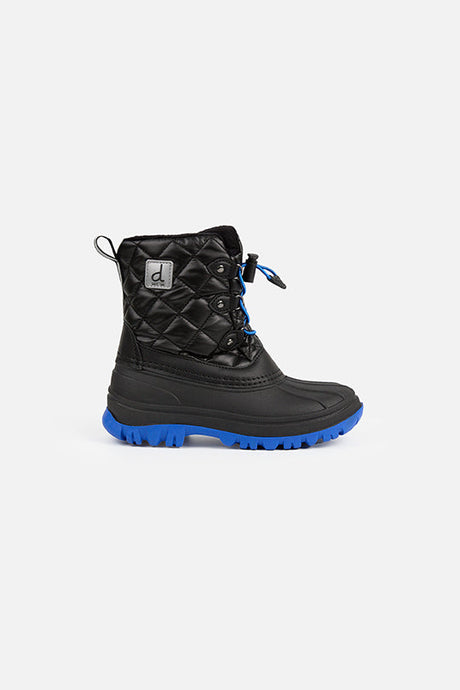 Deux par Deux boys' black quilted winter boots with blue soles – single boot, outer side view
