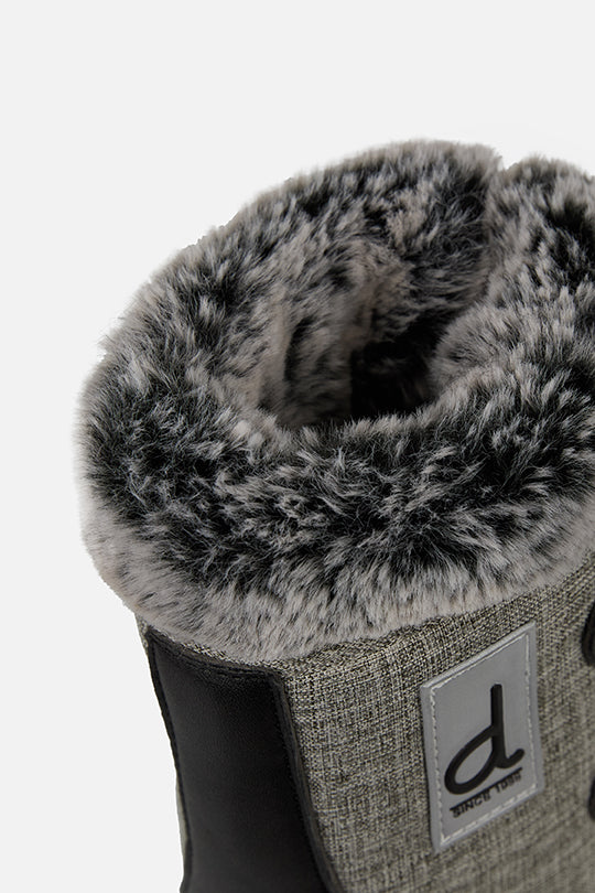 Deux par Deux kids' winter boots with removable liner in grey mix and black – close-up of the faux fur trim
