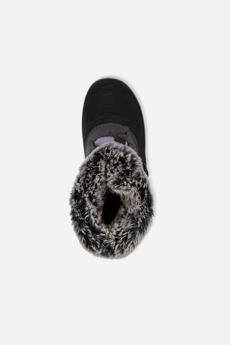 Deux par Deux girls' winter boots with removable liner in lavender and black – top view of the faux fur collar