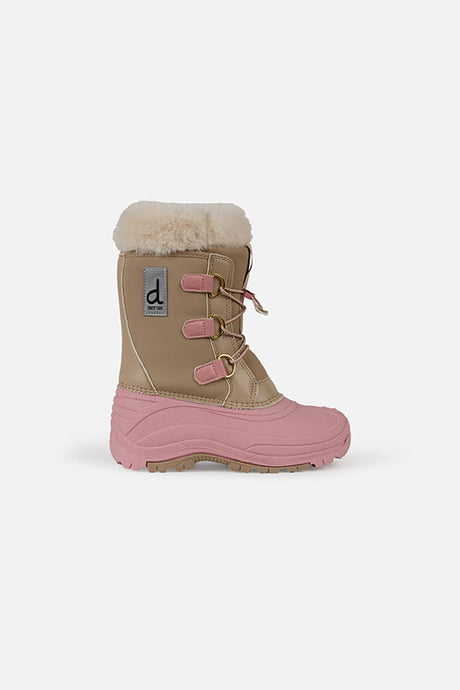 Deux par Deux girls' winter boots with removable liner, beige with pale dusty pink – single boot, outer side view