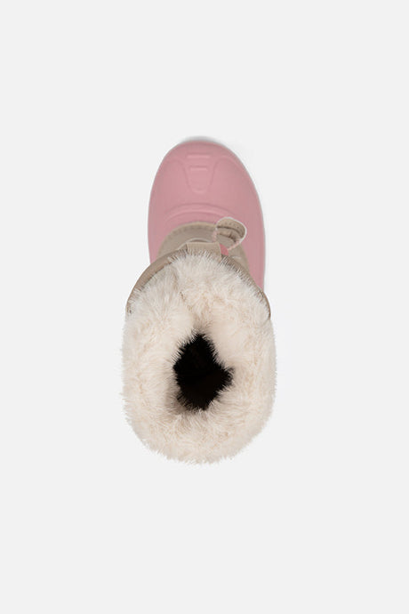 Deux par Deux girls' winter boots with removable liner, beige with pale dusty pink – top view of the faux fur collar