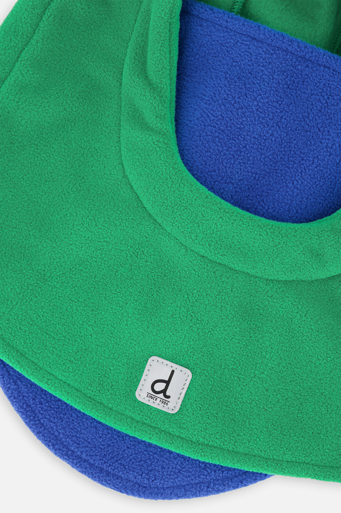 Close-up of the blue fleece neck panel and lower edge on the bright green balaclava