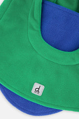 Close-up of the blue fleece neck panel and lower edge on the bright green balaclava
