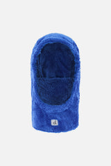 Blue plush fleece balaclava for kids by Deux par Deux, front view with face opening and white d logo label