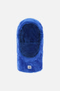 Blue plush fleece balaclava for kids by Deux par Deux, front view with face opening and white d logo label