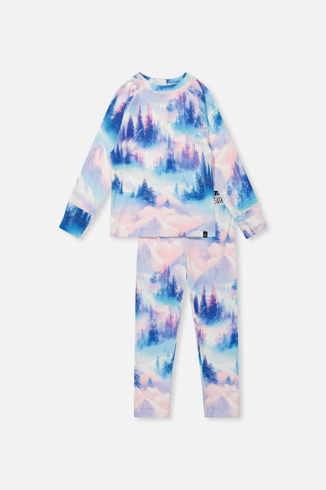 Two Piece Thermal Underwear Blue And Pink Mountain Print-0