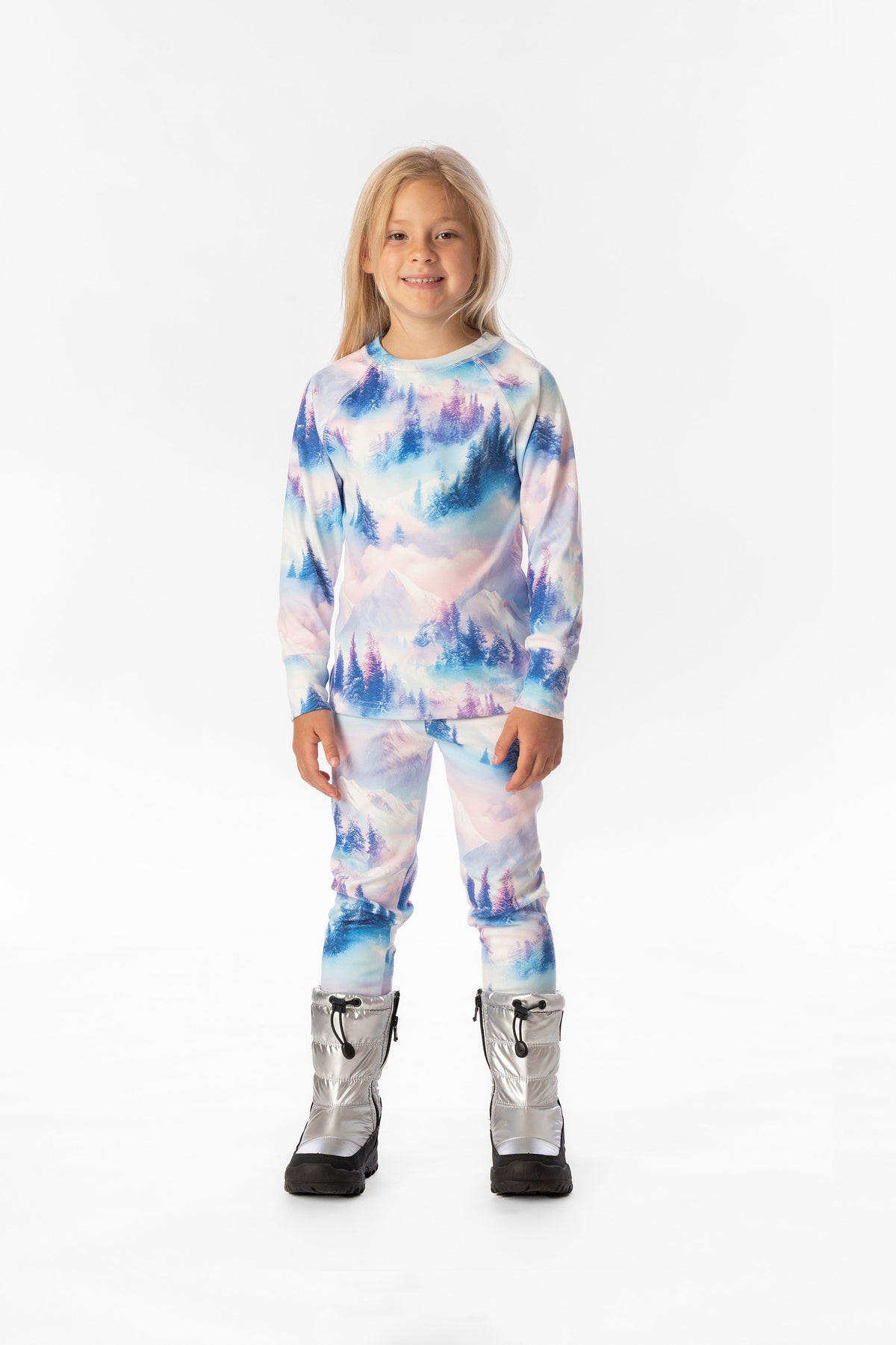 Two Piece Thermal Underwear Blue And Pink Mountain Print-1