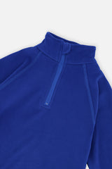 Close-up of the half-zip mock neck and raglan seams on the royal blue thermal underwear top