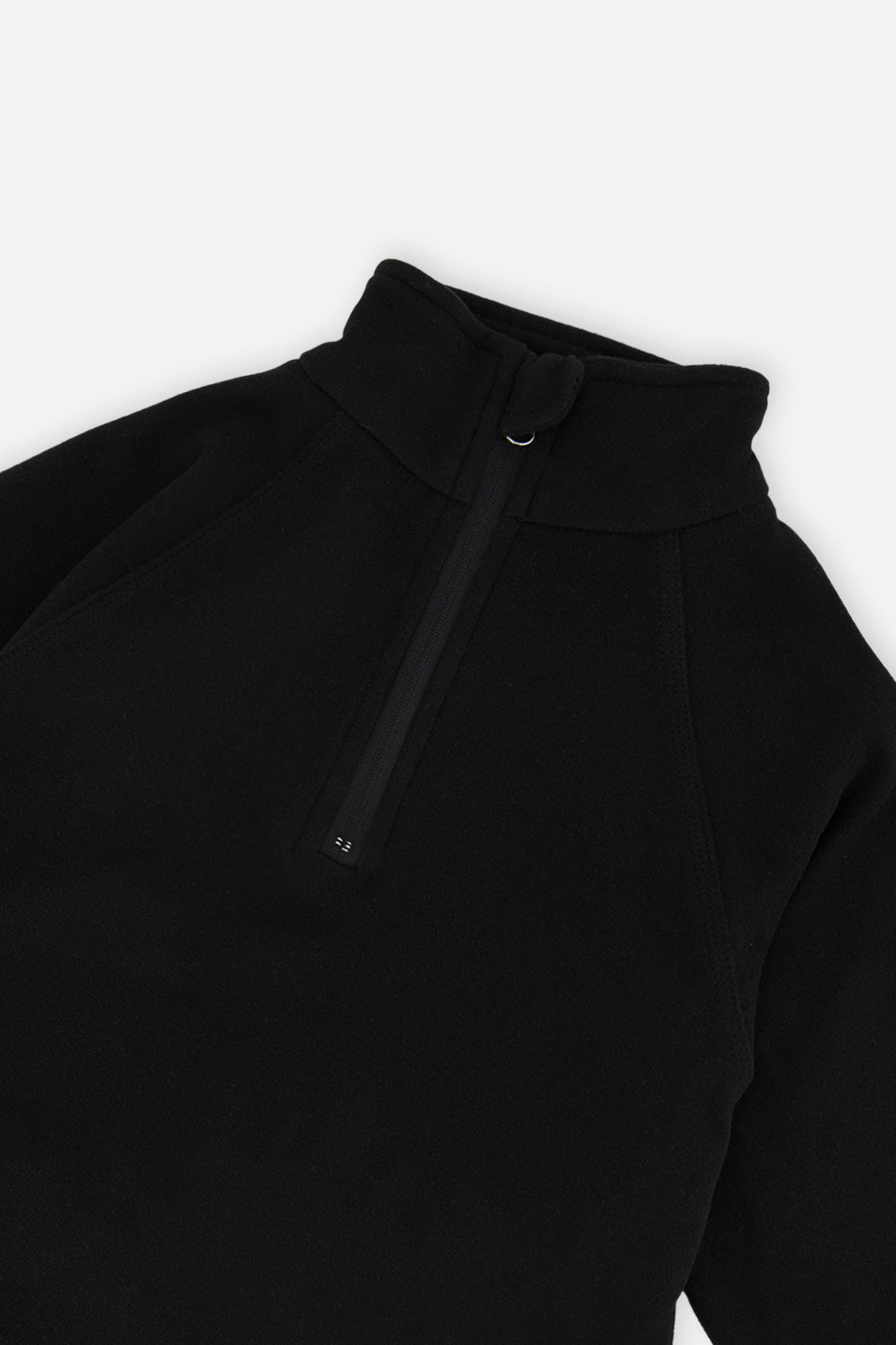 Close-up of the half-zip mock neck and raglan seams on the black thermal underwear top