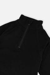 Close-up of the half-zip mock neck and raglan seams on the black thermal underwear top