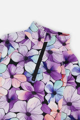 Close-up of the half-zip mock neck on the purple floral thermal top