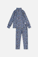Blue leopard print Deux par Deux two piece thermal underwear set, flat lay back view