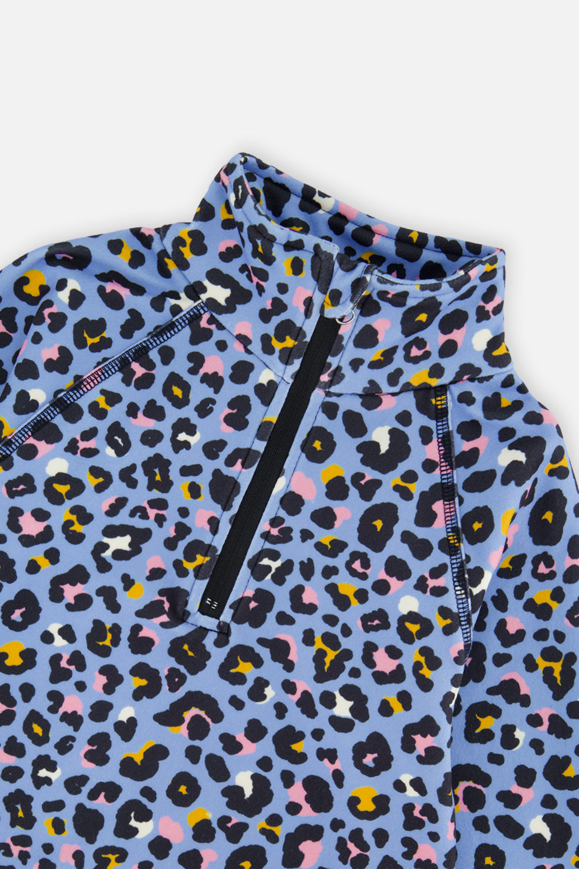 Close-up of the half-zip neck and leopard print on the blue Deux par Deux thermal underwear top