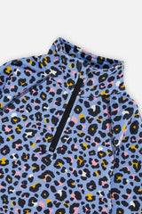 Close-up of the half-zip neck and leopard print on the blue Deux par Deux thermal underwear top