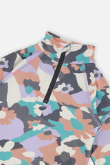 Close-up of the half-zip mock neck and raglan seam on the coral camouflage thermal top